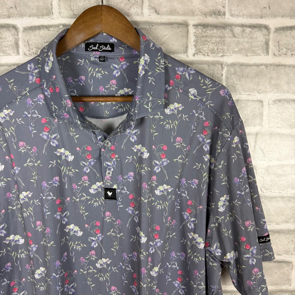 Bad Birdie Mens Floral Strawberry Golf Polo Shirt Blue 2XL Short Sleeve Stretch